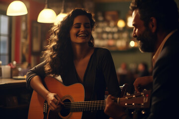 Passionate Acoustics. Woman with Soulful Voice Performing Intimate Concert with Guitar. AI Generative