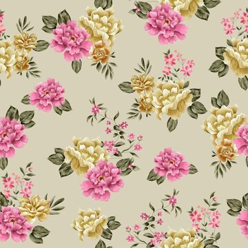 Watercolor flowers pattern, pink and yellow tropical elements, green leaves, yellow background, seamless © Leticia Back