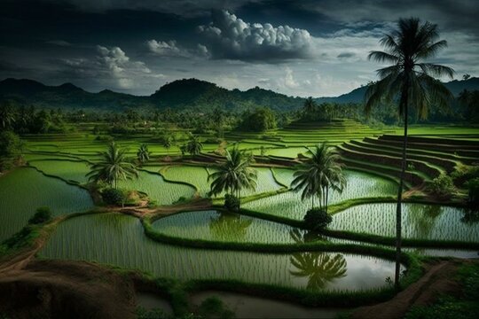 Gorgeous verdant rice plantation in Thailand. Generative AI