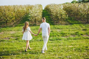 Naklejka na ściany i meble A young happy couple in anticipation of pregnancy walks through a blooming garden. Couple in love in blossoming apple trees.
