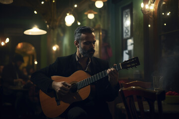Obraz premium Passionate Acoustics. Woman with Soulful Voice Performing Intimate Concert with Guitar. AI Generative