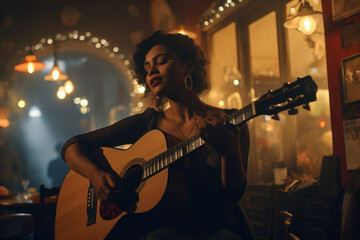 Obraz premium Passionate Acoustics. Woman with Soulful Voice Performing Intimate Concert with Guitar. AI Generative