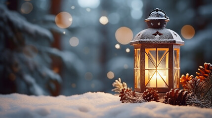 christmas lantern on snow, generative ai