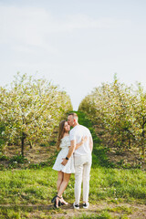 A young happy couple in anticipation of pregnancy walks through a blooming garden. Couple in love in blossoming apple trees.