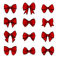 Vector Red Bow Tie or Gift Bow with Outline, Cut Out Icon Set Isolated on White Background. Bows Collection. Bow Design Template