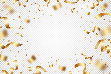 Festive vector illustration of flying exploding shiny gold foil confetti and tinsels on a transparent background. Suitable for holiday poster, Christmas greeting card, wedding or birthday invitation