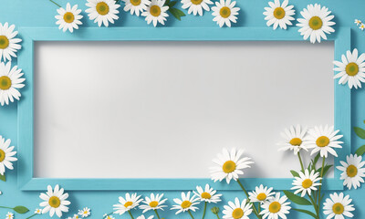Frame with daisies on white background, top view. Space for text. Generative AI