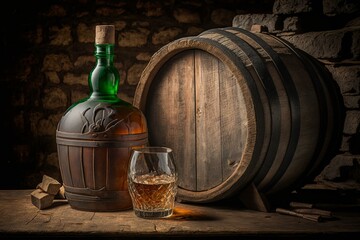 Whiskey bottle and barrel in rustic cellar. Generative AI