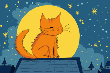 Orange cat sitting on a roof in front of the moon at night