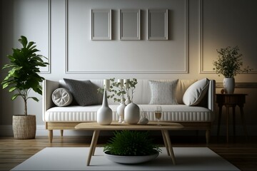3D rendered living room with sofa and table. Generative AI