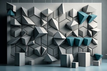 Polished concrete 3D wall tiles. Square futuristic wallpaper. 3D render. Generative AI
