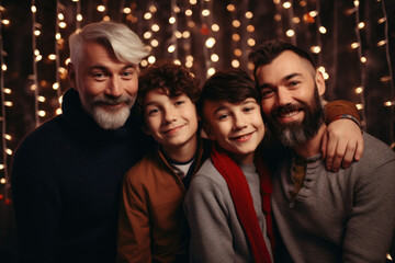 Obraz premium Joyful gay Family Portrait: Dad with their kids, all smiling happily in front of Christmas lights at indoor scenario. AI Generative