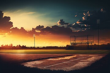Baseball field at sunset. Generative AI