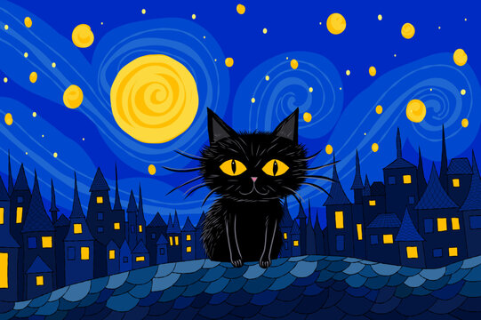 Black cat in a night town