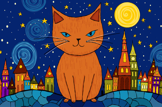Orange cat in a city at night