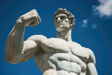 Blue sky boxer statue with raised fists. Photo generative AI