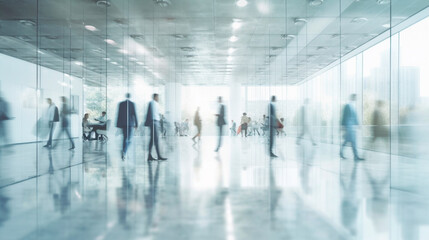 blurred business people in white glass office background. Generative AI