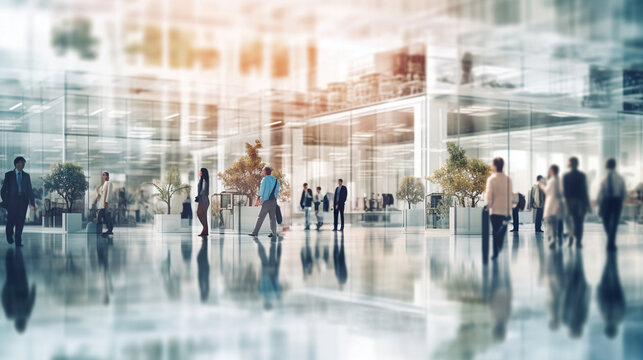 blurred business people in white glass office background. Generative AI