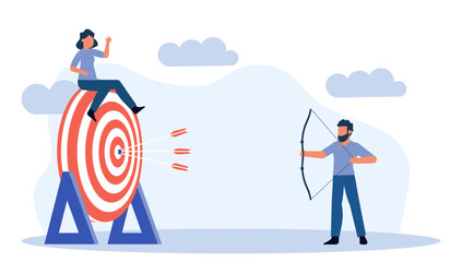 Goal strategy teamwork journey target with bow arrow. Achievement action business communication job employee. Success job dart concept illustration vector. Bullseye solution focus center dartboard