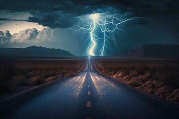 A road illuminated by lightning bolts. Generative AI