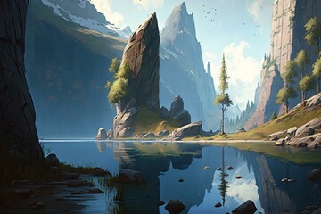 Detailed concept art of a lake, recognized with an award. Generative AI
