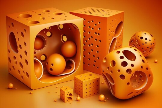 3D Rendered Orange Block Shapes With Perforations. Generative AI