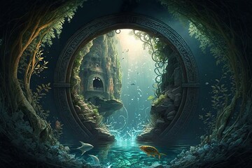 A portal to a magical water fantasy world illustrated digitally. Generative AI