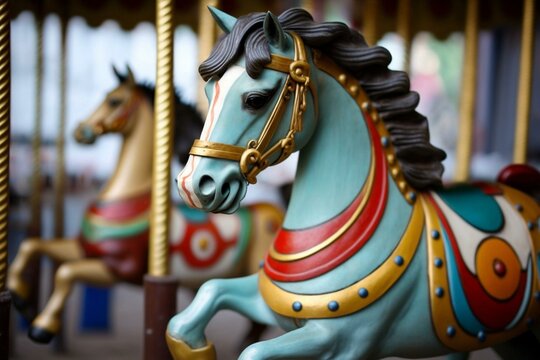 A colorful merry-go-round horse for kids in a funfair. Generative AI