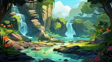 There is a waterfall surrounded by green forest and rocks. (Generative AI)