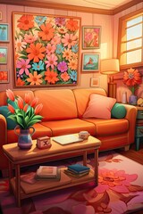 The living room had furniture, a painting, and flowers. (Generative AI)