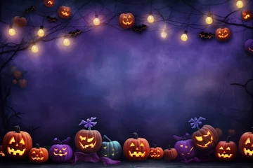 Poster Im Rahmen Spooky halloween illustration, pumpkins castle, dark, cartoon style for kids. High quality photo © Starmarpro
