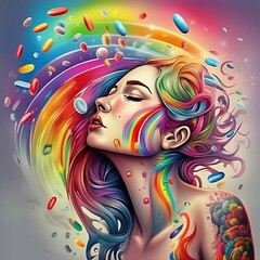 Women emotional with migrant, mental health. Explore the emotional journey of a woman in vivid colors, expressing feelings of depression and seeking solace in fantasy and tattoo art.