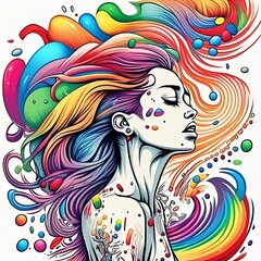 Women emotional with migrant, mental health. Explore the emotional journey of a woman in vivid colors, expressing feelings of depression and seeking solace in fantasy and tattoo art.