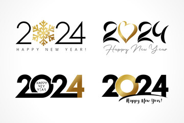 Big Set of 2024 logo with golden heart, snowflake and simple design. Xmas numbers 20 24 in gold tones. Vector illustration for holiday