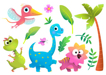 Fototapeta na wymiar Cute Baby Dinosaur Collection for Children. Colorful and Playful imaginary dino animals, nature objects clip art for kids. Vector funny dinosaur, isolated clipart collection for children.