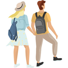 Couple tourist with backpack backside vector icon