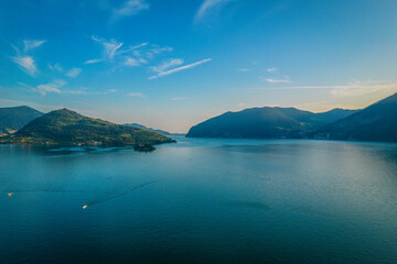 Fototapeta na wymiar Aerial view of Loreto Island with the castle on Lake Iseo in Northern Italy, Brescia, Lombardy.