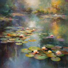 oil painting of Water lilies in a serene pond Generative Ai