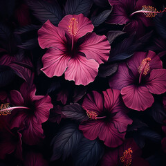 Illustration, AI generation. Hibiscus, floral background.