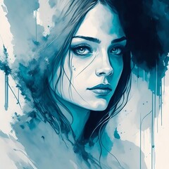 A captivating abstract portrait of a young woman, painted in a watercolor style with a blend of soft blues and subtle highlights. Generative AI