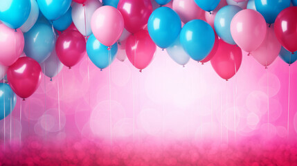 Pink and blue birthday balloons with pink background for gender reveal, Baby shower or party invitations