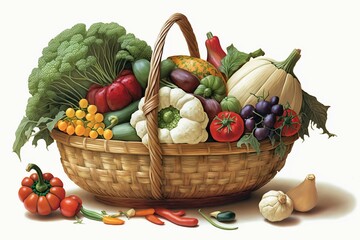 Basketful of vegetables on white background. Generative AI