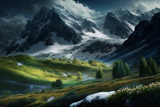 Alpine mountains covered in snow with green meadows upfront. Generative AI