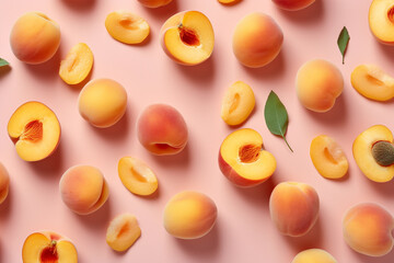 Top view of apricot fruits on pink background