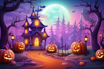 spooky halloween illustration for kids carwed pumpkins and copy space in the middle. High quality photo