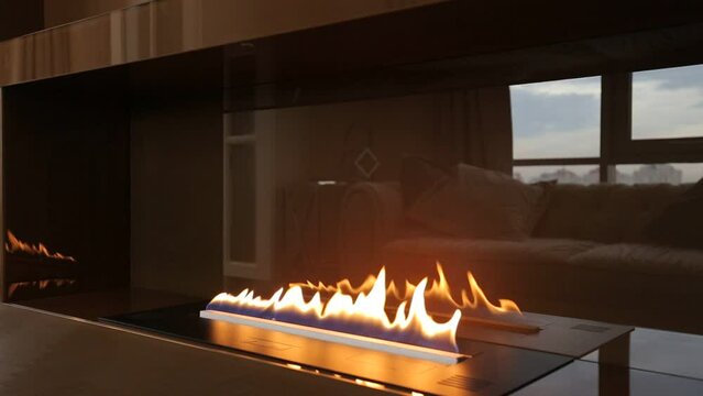 Burning eco bio ethanol fireplace built into furniture
