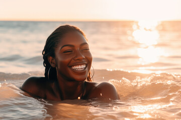 Beach Sun-Kissed Beauty. Stunning black sexy woman basking in golden hour light, laying beach towel. African Bikini girl, skincare, summer and topless concept AI Generative