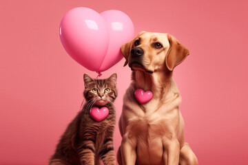 Dog and cat with a balloon on a pink background. Generative AI