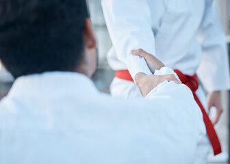 Martial arts men, handshake and fight for sport, training or exercise with teacher, master and...