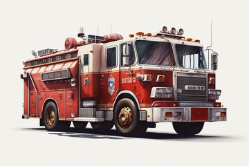 A lone fire truck on a white background. Generative AI